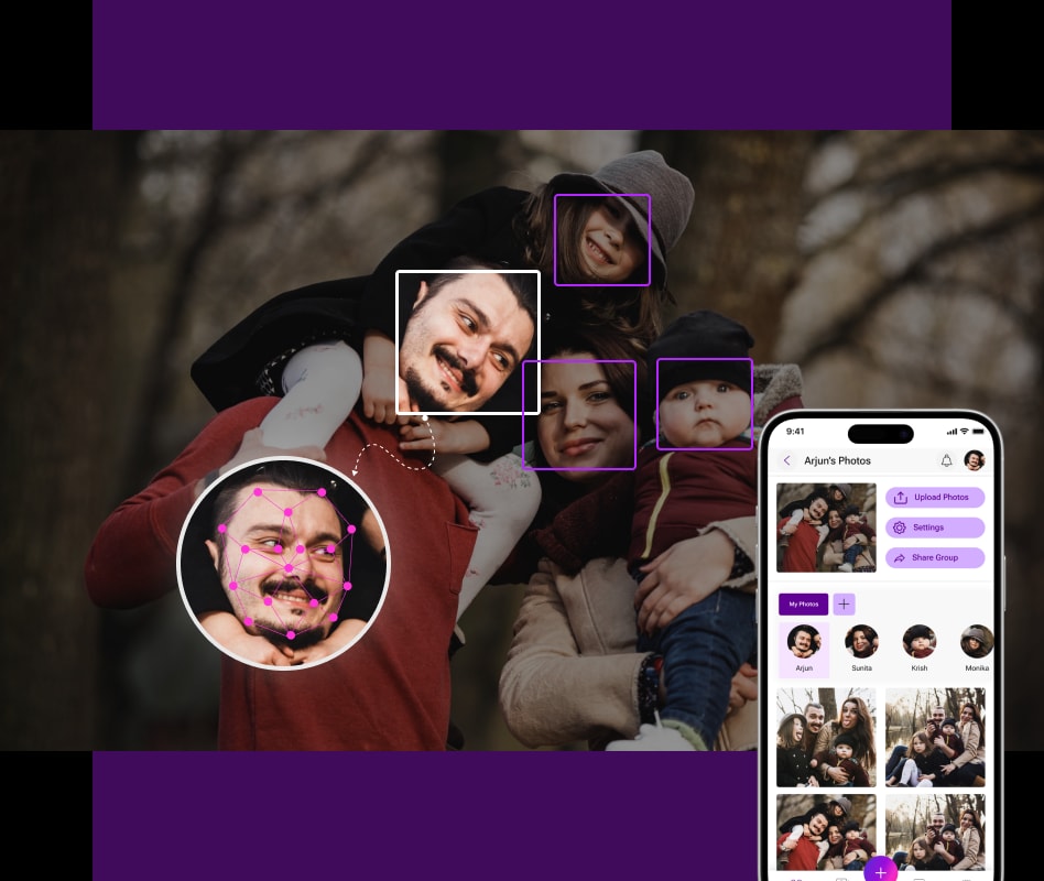 Family photo with AI face detection frames, beside the Sort a Snap app on a phone